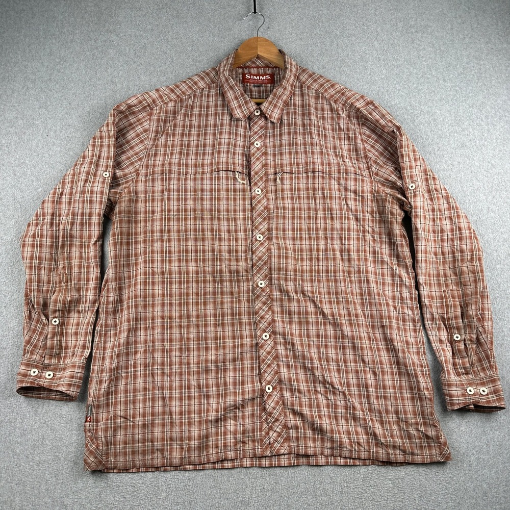 Simms Fishing Shirt Mens XXL Plaid Brown Button Down Long Sleeve Outdoor